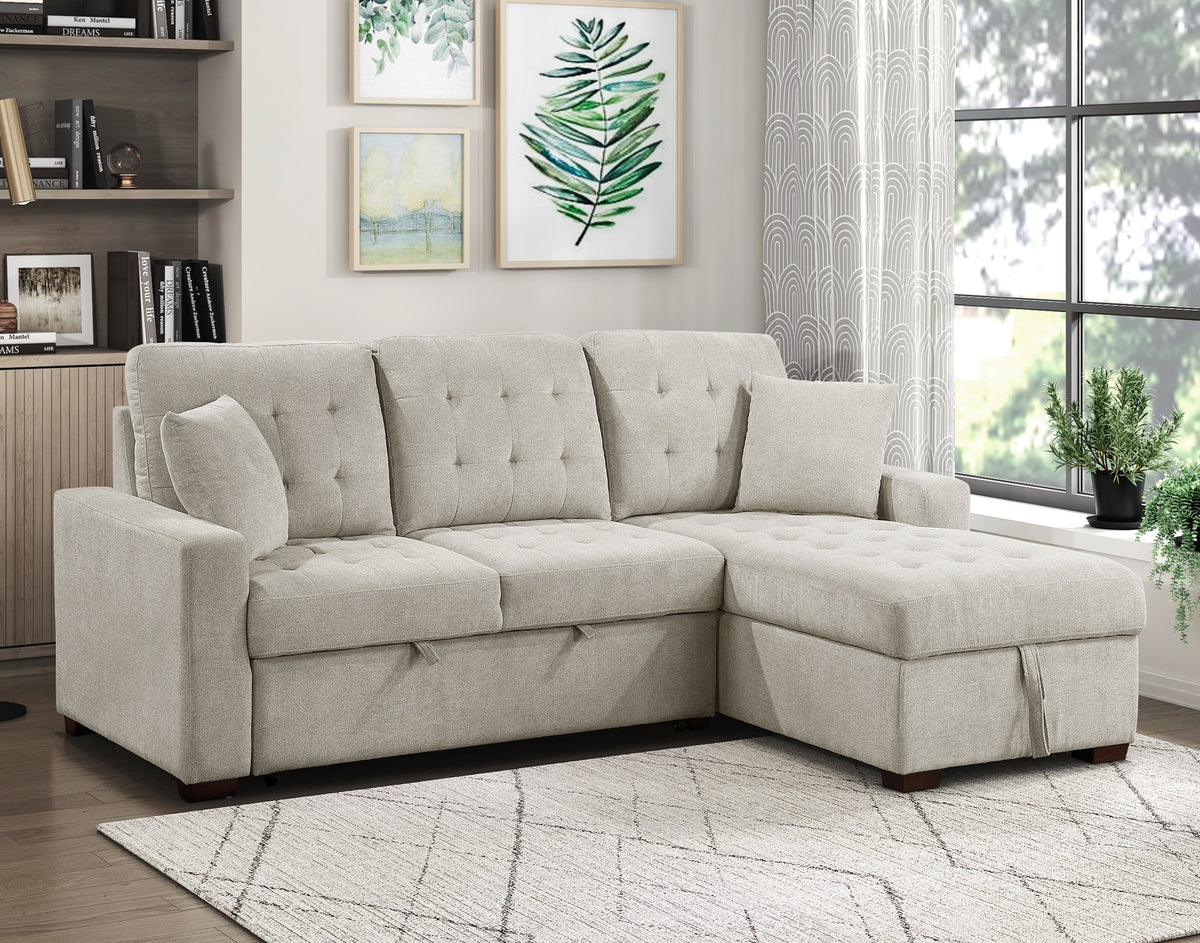 2-Piece Sectional Sofa with Right Chaise Hidden Storage Pull-out Bed Tufted Upholstered Pillows Sand Color Living Room Furniture