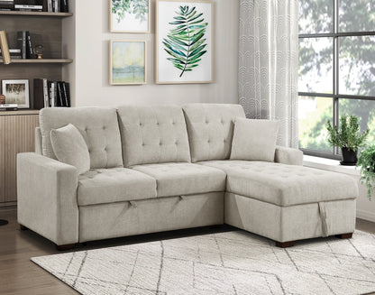 2-Piece Sectional Sofa with Right Chaise Hidden Storage Pull-out Bed Tufted Upholstered Pillows Sand Color Living Room Furniture