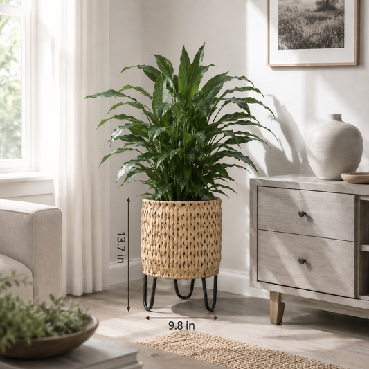 SOLHOME 9.8" Polyrattan Planter with Stand, Natural Resin Wicker Plant Pot with Steel Legs – Indoor Outdoor Decorative Planter with PP Insert