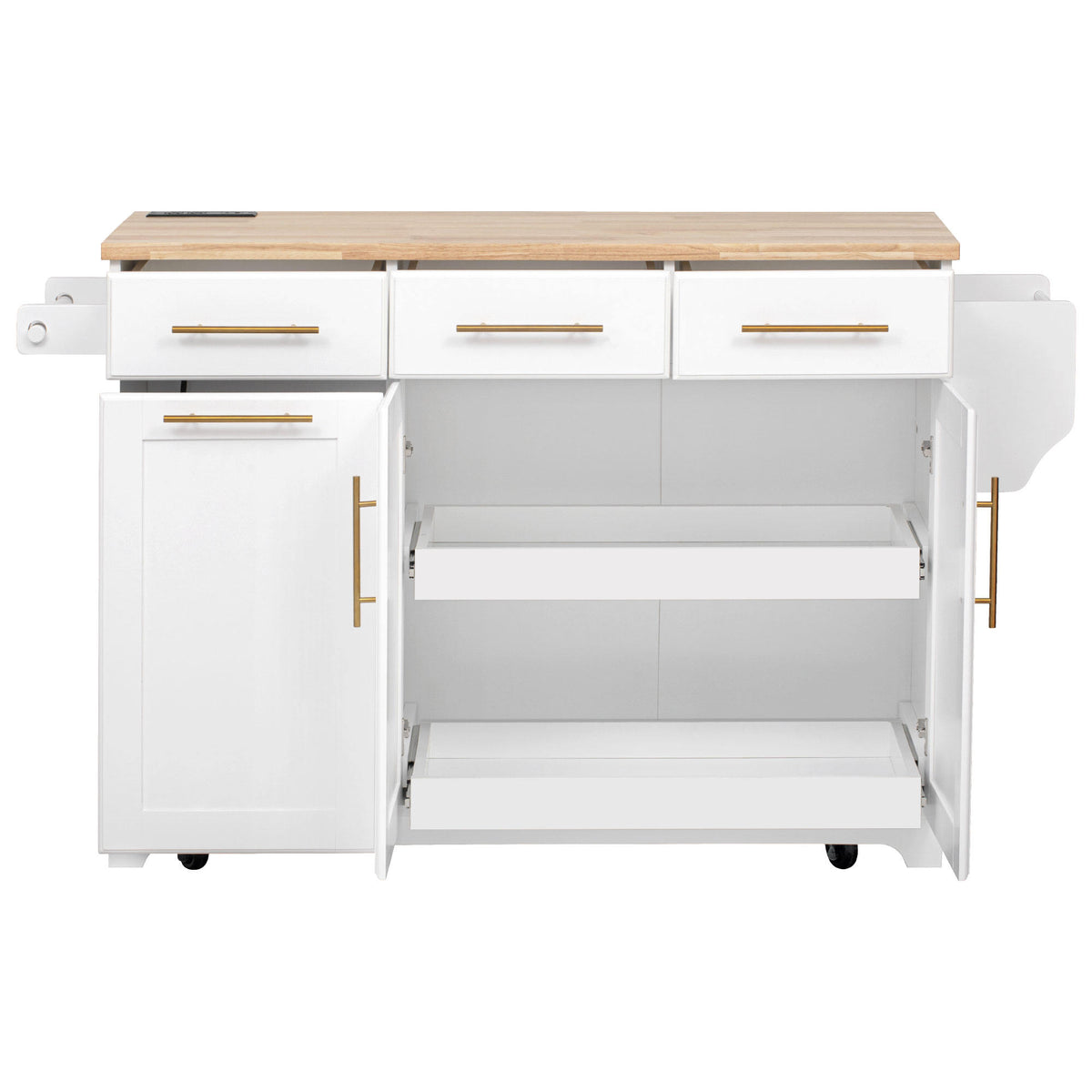 K&K 59.3" Kitchen Island with Storage 2 Pull Out Cabinet Organizers & Rubber Wood Drop Leaf, Rolling Kitchen Island with Trash Can Storage