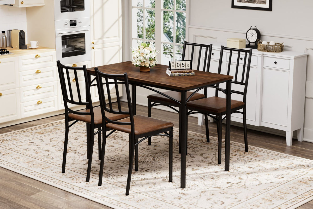 Dining Table Set, Bar Table with 4 Dining Benches, Kitchen Table Counter with Chairs, Industrial for Kitchen Breakfast Table, Party Room – Walnut