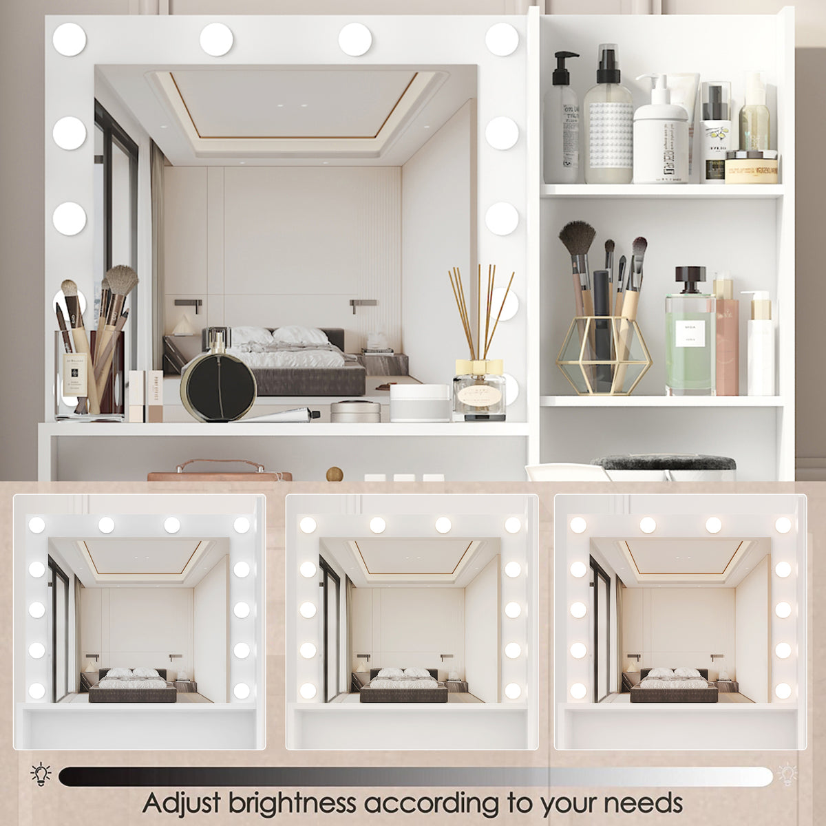 Vanity Desk with Mirror & Light, Large Drawer Three Level Storage Dresser, 3 Lighting Modes Adjustable Brightness, Bedroom Dressing Table - white