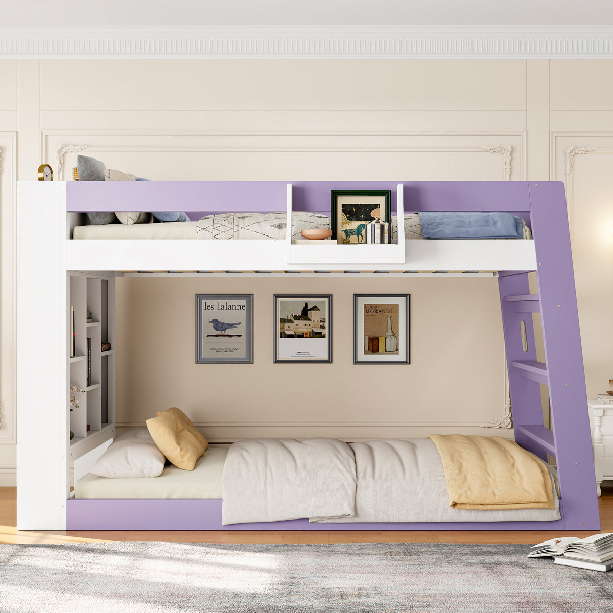 Twin Over Twin XL Bunk Bed with Storage Shelves & Guardrail Storage Basket, White+Light Purple