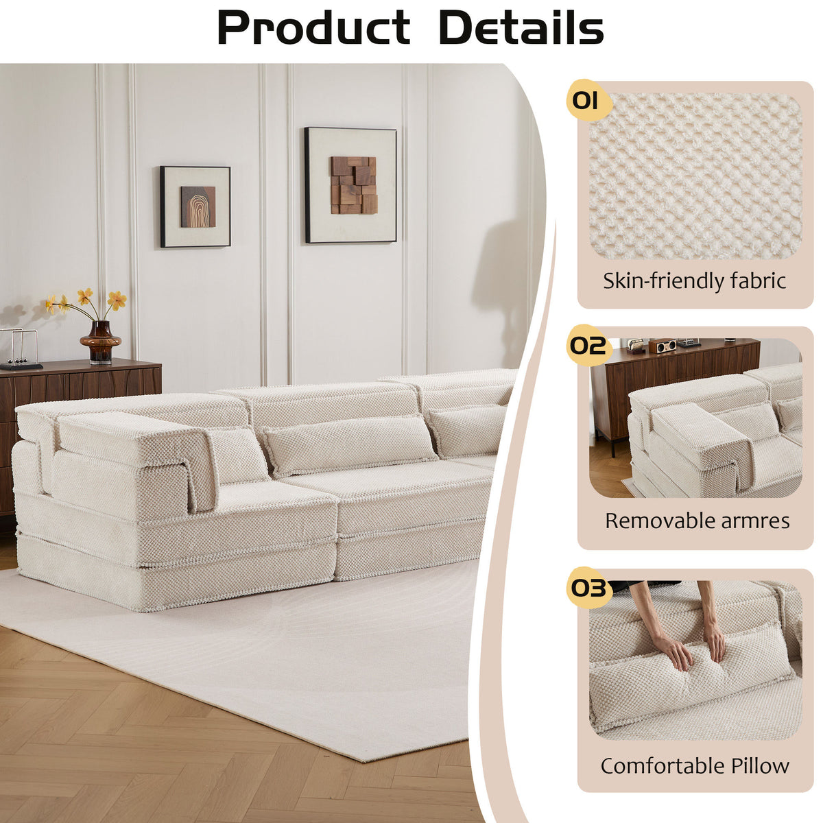 Compression Mahjong Sofa, Convertible Floor Sofa Bed, DIY Boneless Modular Sectional Sofa, No Assembly Required, Circle fleece fabric – Model W3723S00019