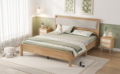 Queen Size, Solid Rubber Wooden Bed with Upholstered Headboard, Reinforced by Central Support Legs,Natural