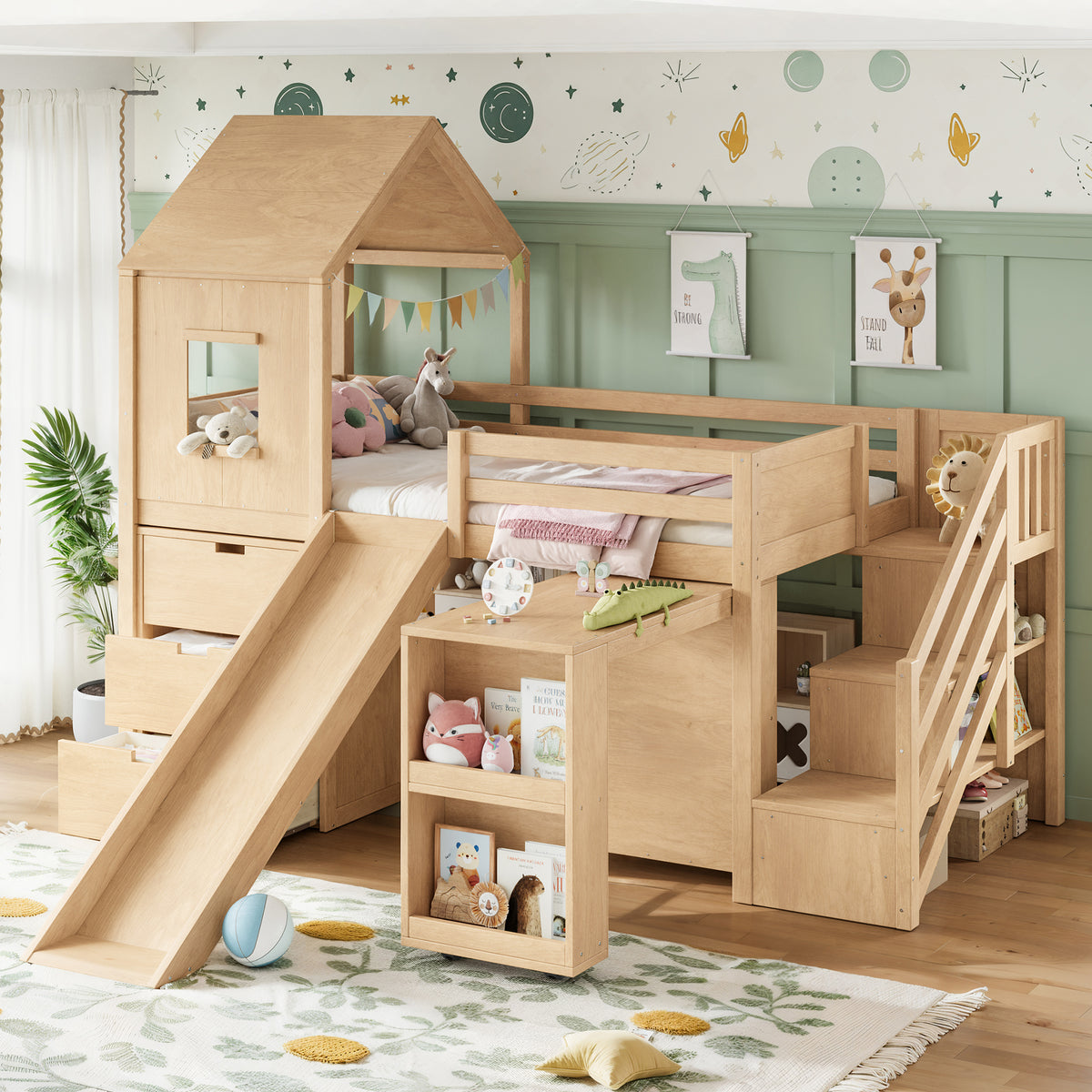 Twin Playhouse Loft Bed with Integrated Storage Drawers, Open Stair Shelves & Pull Out Desk, Kids Low House Loft Bed with Slide and Play Window, Natural
