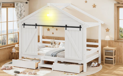 Twin Size Farmhouse Bed with Sliding Barn Door and Light Bulb, Wood house Bed Frame with Stair and Drawers, White