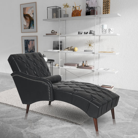 Chaise Lounge Arm Chair Indoor with Pillow and Solid Wood Legs, Leisure Accent Soft Chair with Tufted Back and Arm