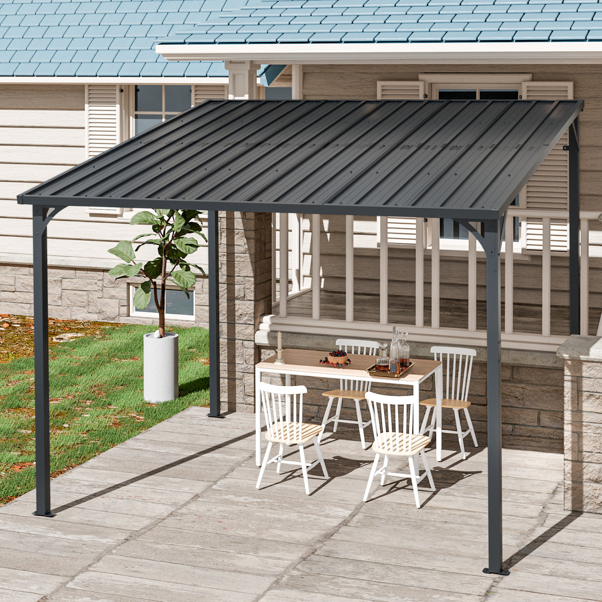 Outdoor Pergola 8" x 10" Metal Inclined Roof Pergolas Waterproof Wall-mounted iron sheet shed Gazebo