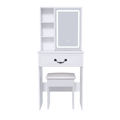 Modern Mini Dressing Table with LED-lit Mirror & Hidden Storage, Adjustable Brightness Vanity Desk, White