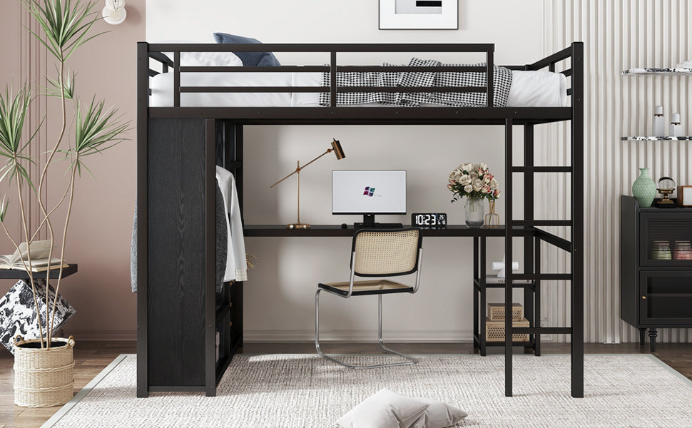 Full Size Loft Bed Frame with Built-in Wardrobe, Metal Loft Bed with Desk and Storage Shelves, Black