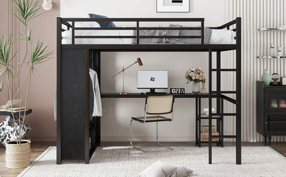 Full Size Loft Bed Frame with Built-in Wardrobe, Metal Loft Bed with Desk and Storage Shelves, Black
