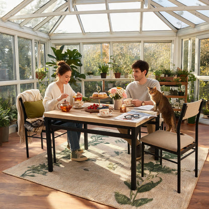 5-Piece Dining Table Set for 4, 47.24" Dining Table with 4 Upholstered Linen-Look Chairs, Black Metal Frames, Modern Kitchen & Dining Room Furniture