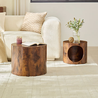 Cat Nest Nesting Stool Set Round Nesting Coffee Table Set of 2 for Living Room,No Assembly Dark Brown