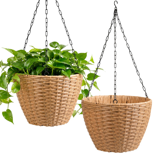 SOLHOME 10.6" Resin Wicker Set of 2 Hanging Planters with Steel Frame – Indoor Outdoor Plant Holders with Steel Hangers and PE Liner