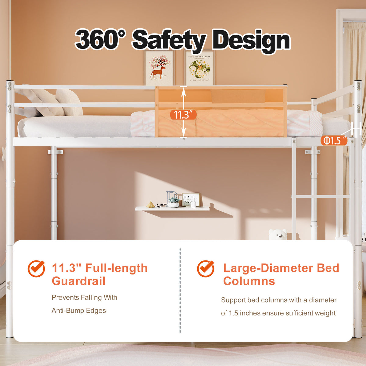 Heavy Duty Metal Twin Over Twin Bunk Bed, Convertible to 2 Separated Twin Beds, Noise-Free Steel Frame with Rubber Anti-Slip Ladder & 11.3' Guardrails, 400/485 LBS Weight Capacity, White