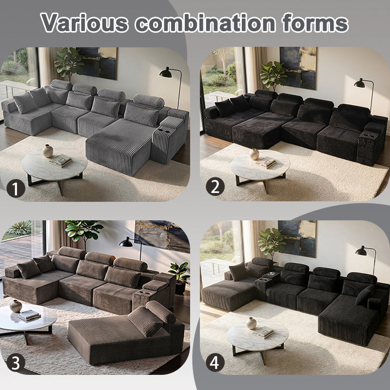 Modern Black corduroy 6-seater U-shaped sofa with lounge chair and cup holder -145.7 inch oversized modular compression sofa, suitable for home theaters, luxury living spaces, tool free assembly