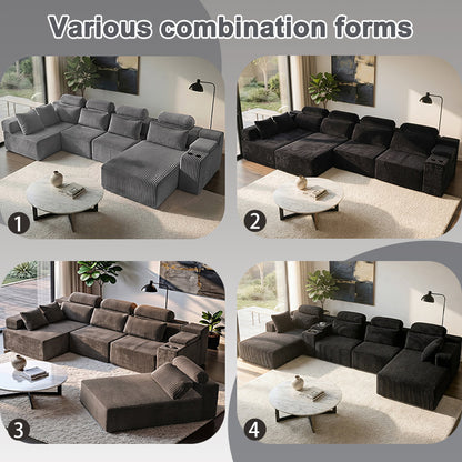 Modern Black corduroy 6-seater U-shaped sofa with lounge chair and cup holder -145.7 inch oversized modular compression sofa, suitable for home theaters, luxury living spaces, tool free assembly