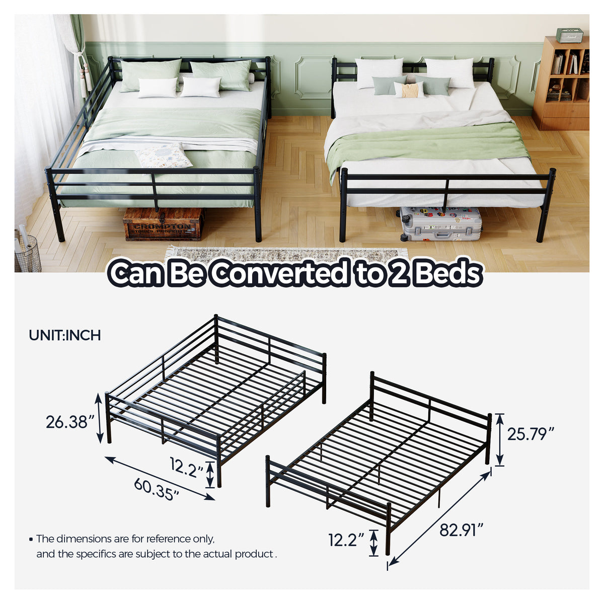 Queen-size heavy-duty bunk bed with ladder and high guardrails, 20 crossbars, minimum load capacity of 880 lbs per bunk, can be split into two double beds, includes storage space, black.
