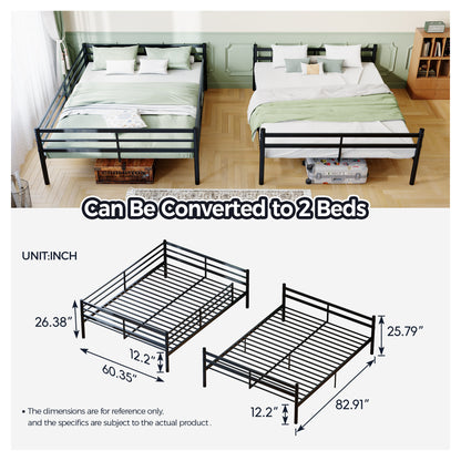 Queen-size heavy-duty bunk bed with ladder and high guardrails, 20 crossbars, minimum load capacity of 880 lbs per bunk, can be split into two double beds, includes storage space, black.