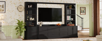 Modern Arched Entertainment Center Wall Unit with 6 Drawers, Farmhouse Large TV Stand with Bookshelves for TVs Up to 70', All-in-One Media Console with Adjustable Shelves for Living Room, Black