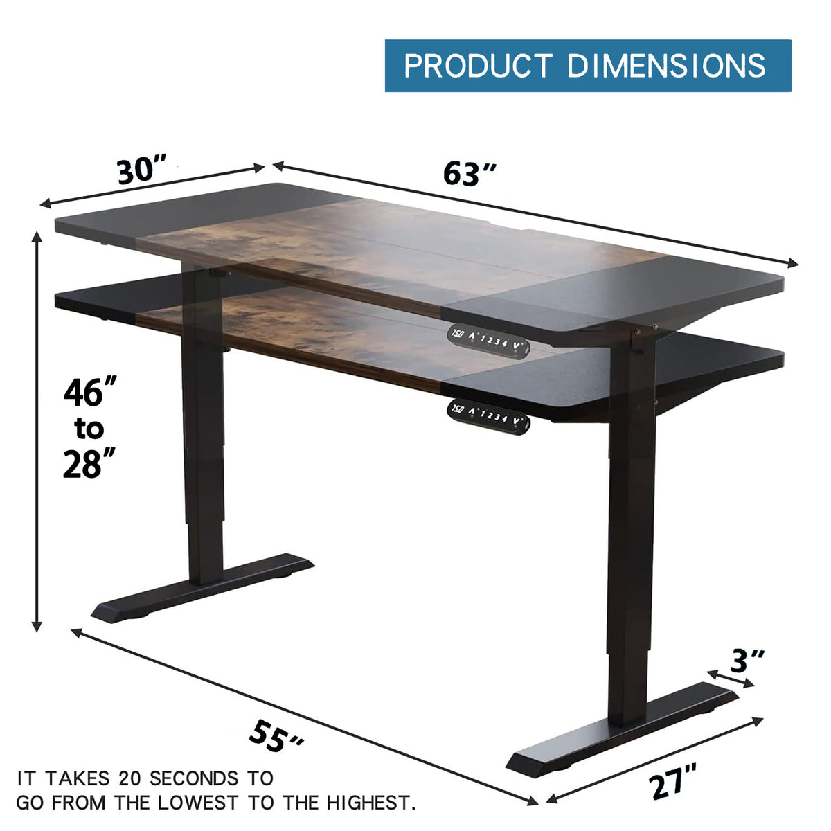 63"×30" Height Adjustable Electric Standing Desk Height Stand Up Computer Desk,Sit and Stand Home Office Desk with Splice Board (black& brown desktop+single motor black frame)