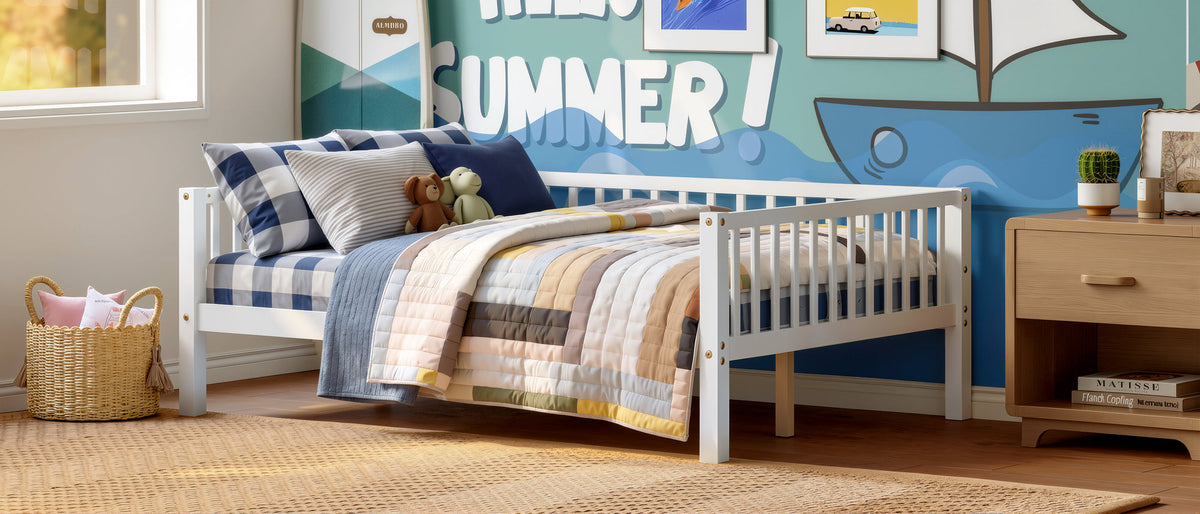 Full Size Daybed, 3-Sided Vertical Slat Guardrail Bed Frame, Breathable Wooden Slat Support Leisure Bed for Home Bedroom,White