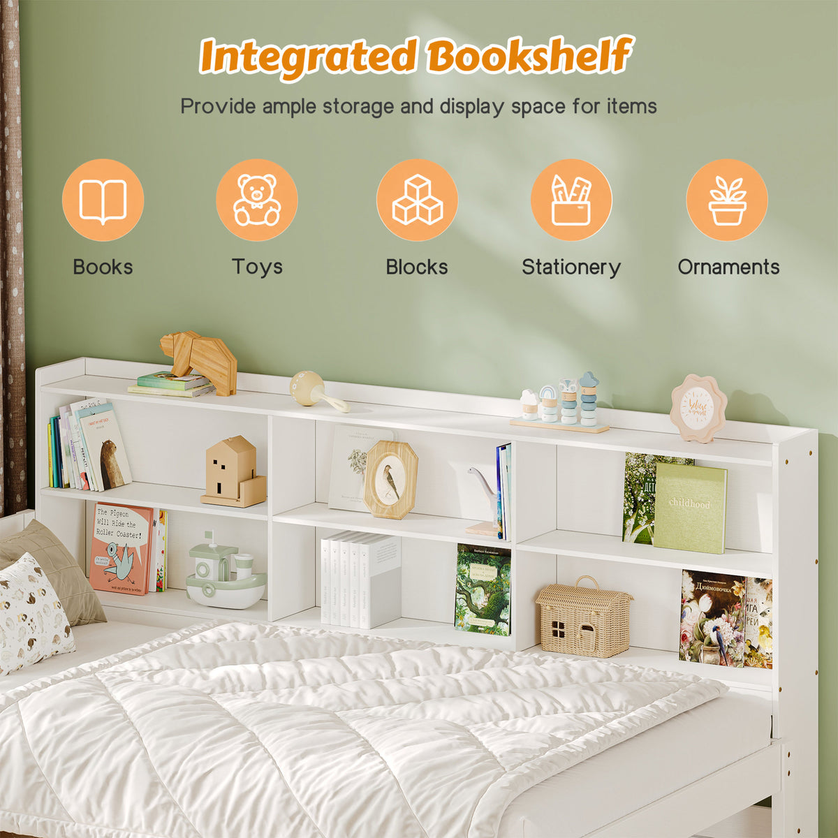 Twin Size Solid Wood Single Bed with Large Multi-compartment Storage Headboard Bookshelf, Simple Solid Wood Bed Frame, Multi-functional Storage Bed for Bedroom,White