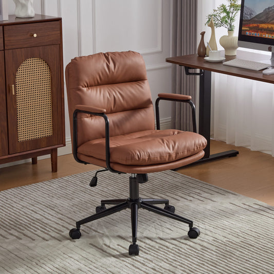 Office Chair, Mid Back Home Office Desk Task Chair with Wheels and Arms Ergonomic PU Leather Computer Rolling Swivel Chair with Padded - Brown