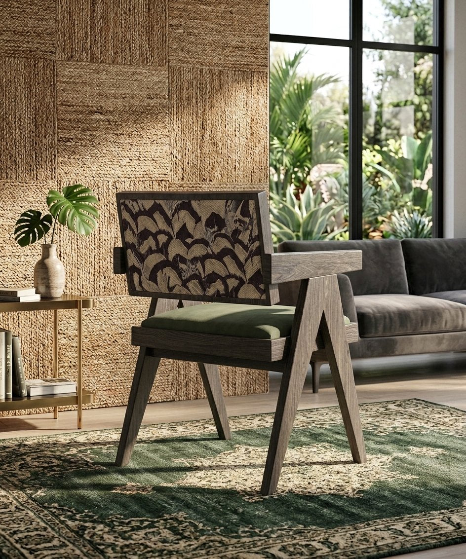 Mid-Century Modern Solid Wood Armchair with Upholstered Pattern Back and Padded Seat, Vintage Accent Chair / Dining Desk Chair for Living Room, Bedroom, Home Office