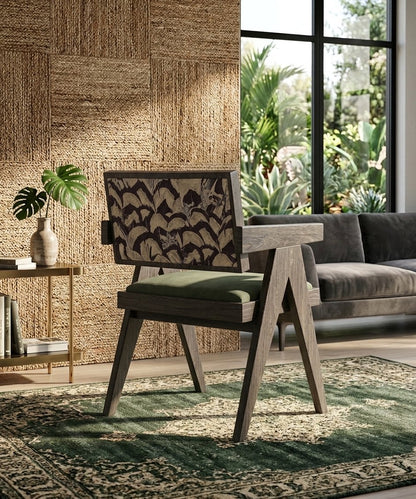 Mid-Century Modern Solid Wood Armchair with Upholstered Pattern Back and Padded Seat, Vintage Accent Chair / Dining Desk Chair for Living Room, Bedroom, Home Office