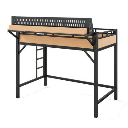 Twin XL size Loft Bed Frame with Storage Shelves and Pegboard, Metal Loft Bed with USB Ports and LED Lights, Safe and Sturdy, Natural