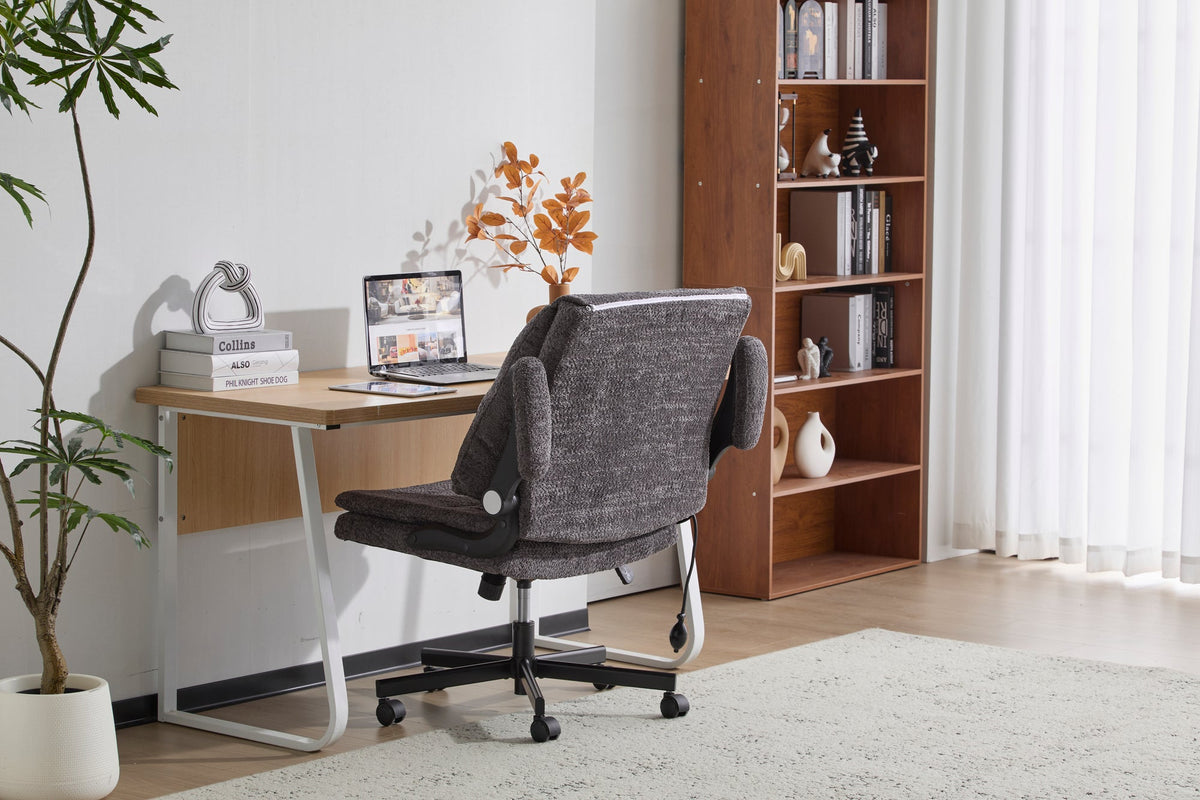 Criss Cross Legged Office Chair with Flip-Up Back Built-In Dynamic Airbag Lumbar Support, Wide Seat Desk Chair with Flip-Up Arms and Wheels, Modern Cross-Leg Chair for Home Office, Vanity,Gray.