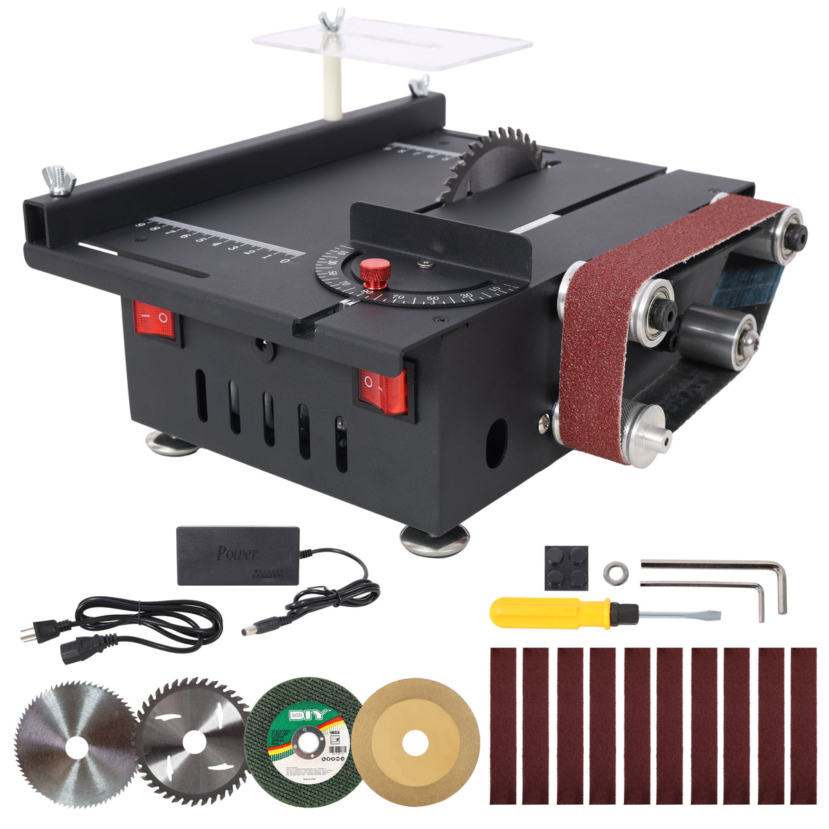 Mini Table Saw, Belt Sander, 4pcs Blades, 10pcs Sanding Blet, 7 Gear Adjustable 0-90° Angle, Available for Wood/PCB/Acrylic/Plastic