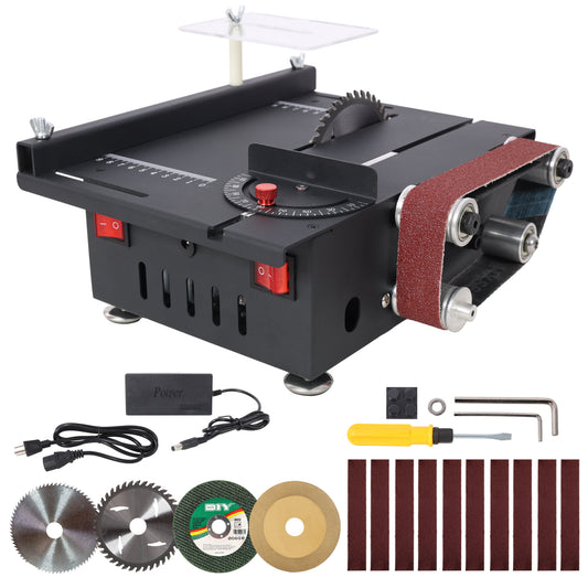 Mini Table Saw, Belt Sander, 4pcs Blades, 10pcs Sanding Blet, 7 Gear Adjustable 0-90° Angle, Available for Wood/PCB/Acrylic/Plastic