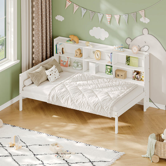 Twin Size Solid Wood Single Bed with Large Multi-compartment Storage Headboard Bookshelf, Simple Solid Wood Bed Frame, Multi-functional Storage Bed for Bedroom,White