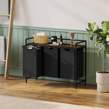 Laundry Hamper with Shelf, 3-Bin Laundry Sorter with Wood Top, Double Hamper with Removable Fabric Bags, Metal Frame, Freestanding Clothes Organizer for Bedroom, Bathroom, or Laundry Room