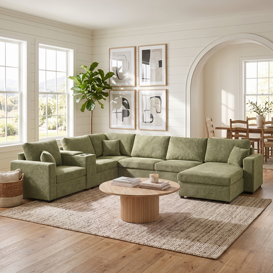 5‑Seat Modular Sectional Sofa Couch, 134" U‑Shape Couch, Large Family Sofa with Chaise Lounge, Deep Seat Comfort, Built‑In Cup Holders, Storage Drawer and Pillows for Living Room, Green