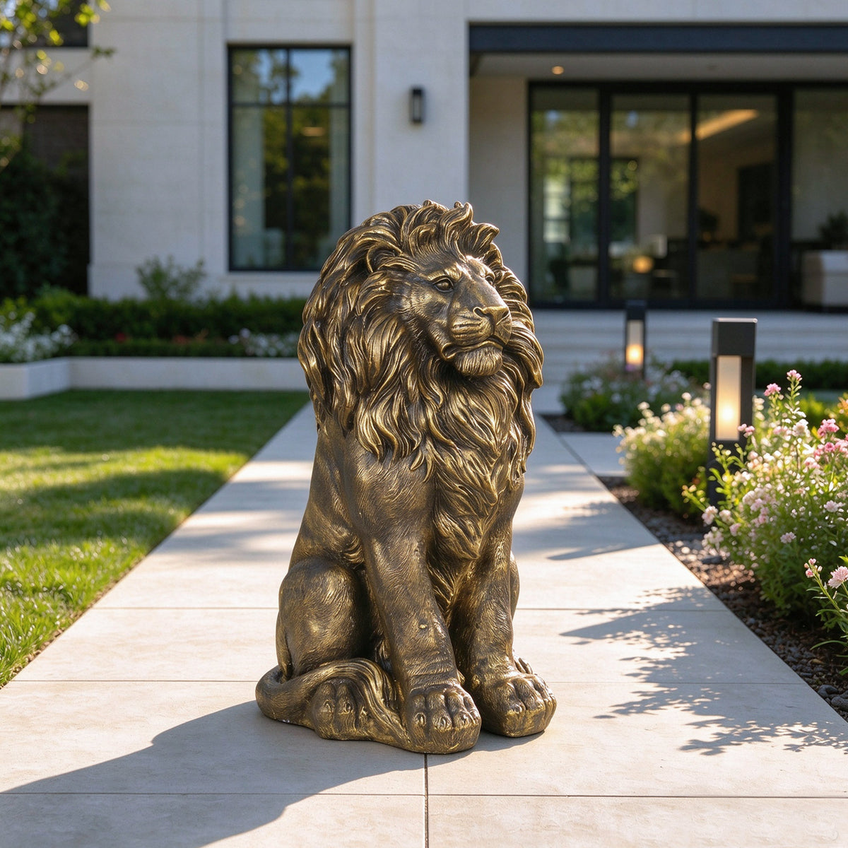 24.61' Outdoor Lion Statue, Magnesium Oxide Stone Composite Animal Sculpture Statue Decor for Front Door, Yard Patio Garden, Antique Bronze Finish, Ideal Gift for Housewarming & Estate Decoration