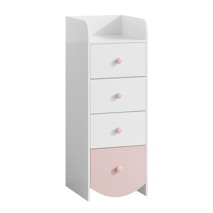 Kids Dresser with 4 Drawers, Narrow Storage Cabinet for Kids Room, MDF Chest of Drawers with Round Bottom Design, Nursery Bedroom Organizer, White