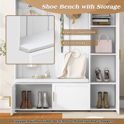 U-Can American Style 4-in-1 Hall Tree with Padded Bench, 4 Hooks, and Multi-Tier Storage Shelves – White