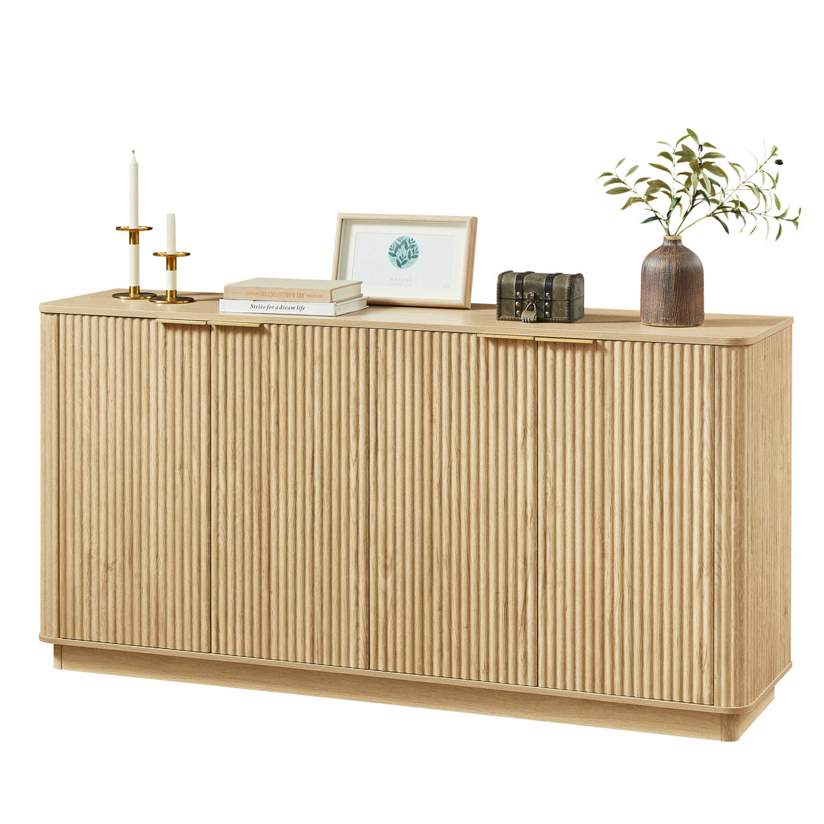 63" Vertical Stripe Buffet Cabinet Sideboard with stoarge, Curved wave Design, TV Stand, Oak, 63''W x 15.75''D x 31.5''H.