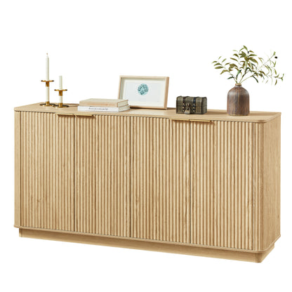 63" Vertical Stripe Buffet Cabinet Sideboard with stoarge, Curved wave Design, TV Stand, Oak, 63''W x 15.75''D x 31.5''H.