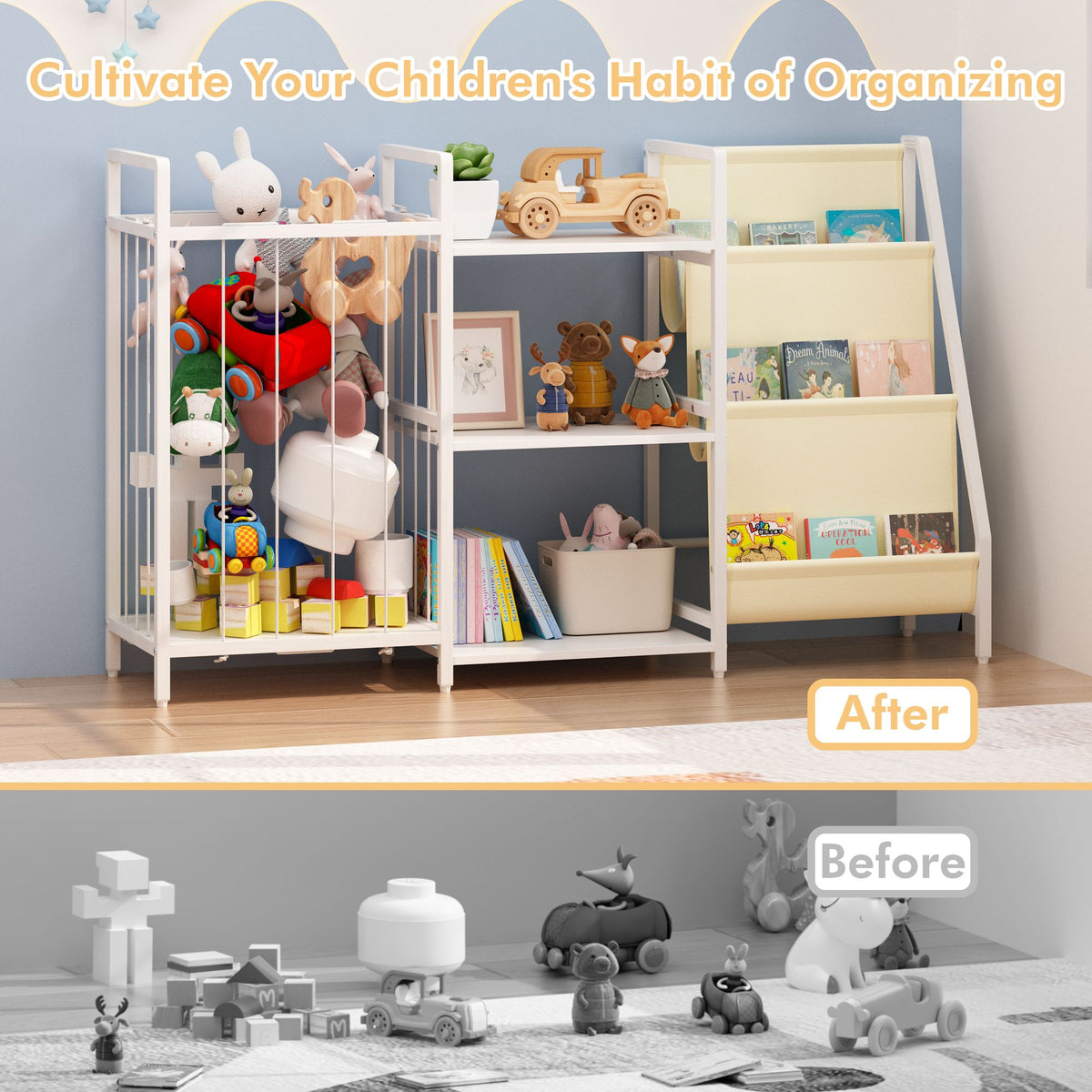 Kids Bookshelf and Toy Storage, 3-in-1 Book Shelf for Kids Rooms, Sling Baby Bookcase with Stuffed Animal Storage, Toddler Montessori Bookshelf for Nursery, Playroom, Kindergarten, White