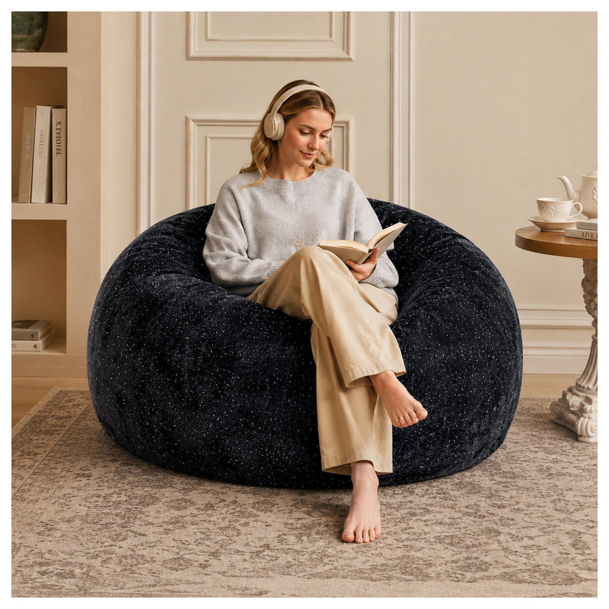 Starry Sky 4FT bean bag chair,Plush Fabric with Lurex,Shiny Silver Thread Faux Fur Plush,memory foam filling,round sofa for living room, bedroom, college dorm.