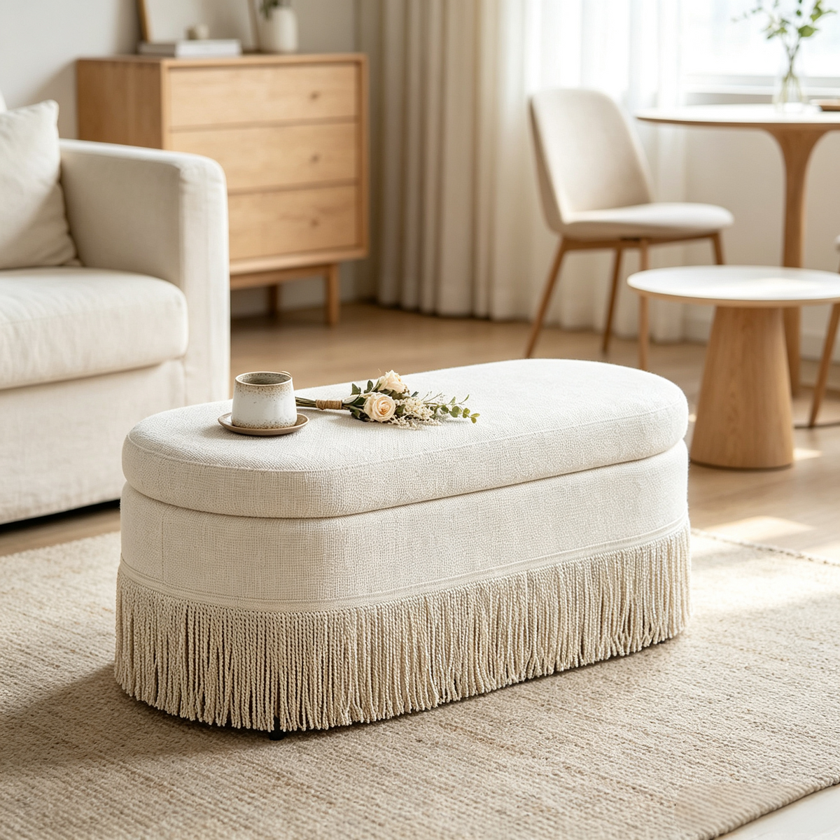 Oval Upholstered Storage Ottoman with Fringe Trim & Lift-Top Lid - 39"L x 16"W x 17"H, Multi-Functional Footrest & Hidden Storage for Living Room or Bedroom - Beige Fabric with Metal Frame
