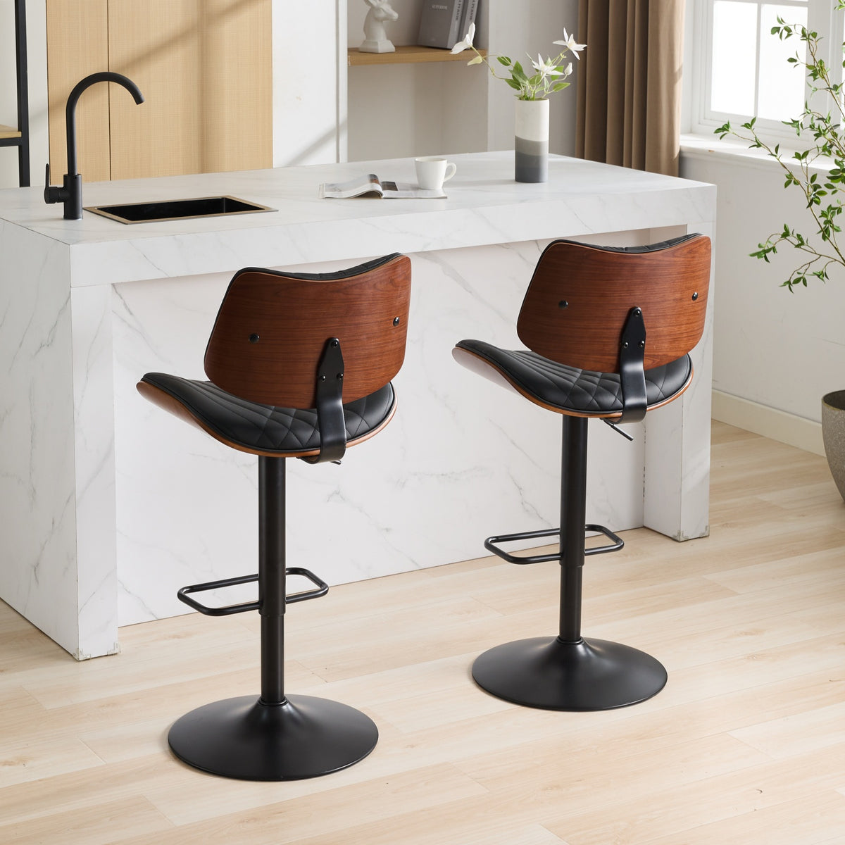 Walnut Bentwood Bar Stools Mid Century Modern Adjustable Counter Height Black Leather Upholstered 360°Swivel Bar Chairs for Kitchen – Model W1143P173514