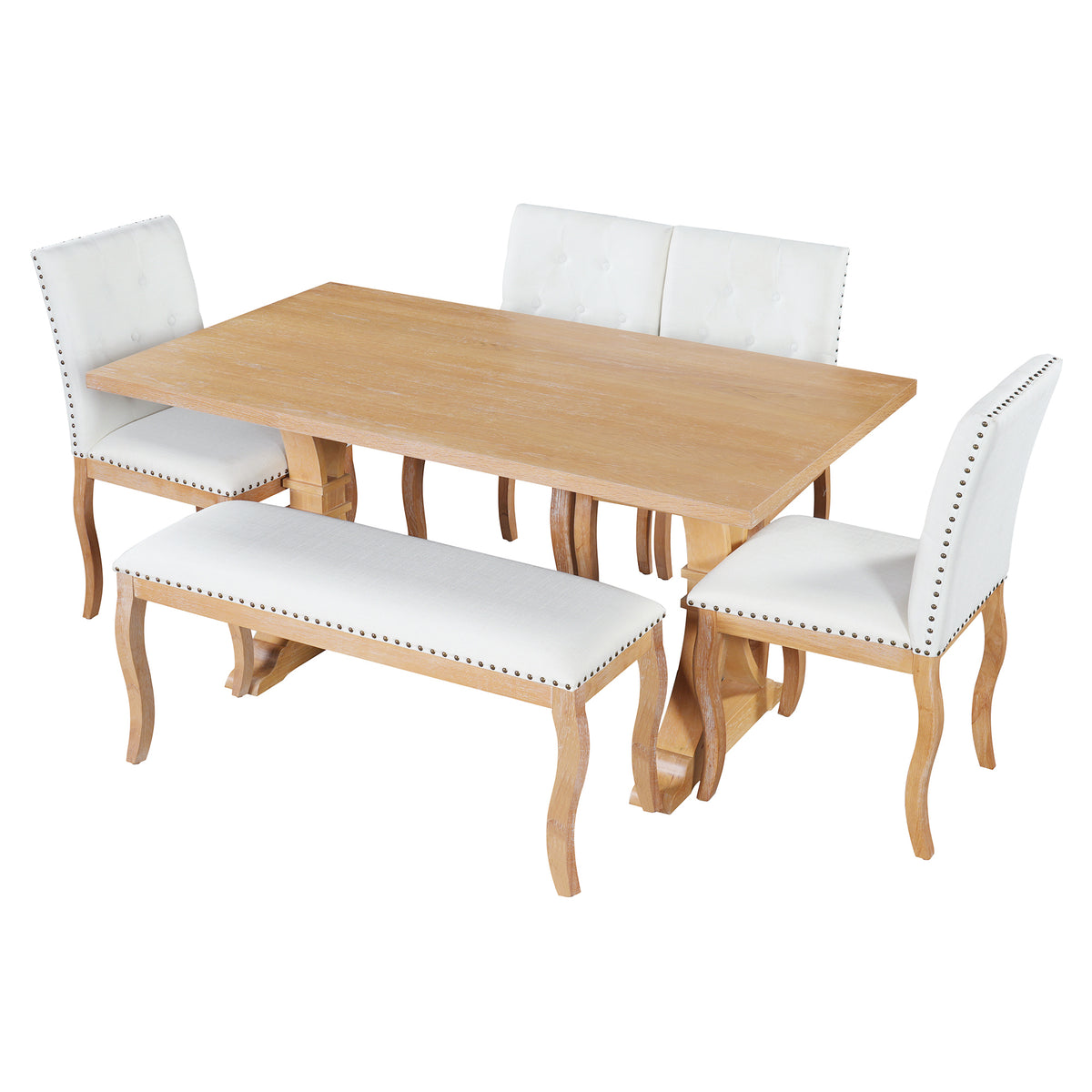 TREXM 6-Piece Dining Table Set with Bench, Oak Finish Dining Room Table Set with 4 Upholstered Button Tufted Chairs, Nailhead Trim, Curved Wood Legs, Farmhouse Kitchen Dining Furniture (Natural)