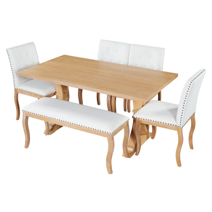 TREXM 6-Piece Dining Table Set with Bench, Oak Finish Dining Room Table Set with 4 Upholstered Button Tufted Chairs, Nailhead Trim, Curved Wood Legs, Farmhouse Kitchen Dining Furniture (Natural)