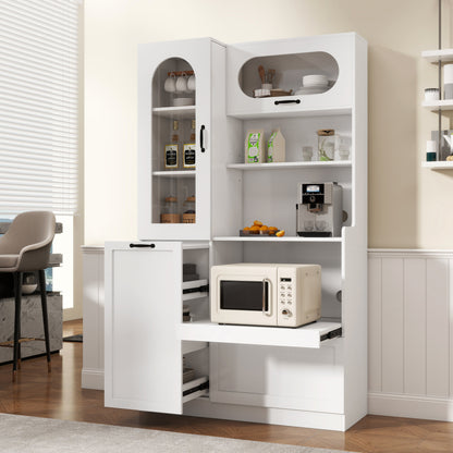 TREXM Tall Freestanding Kitchen Pantry Cabinet with Arched Glass Door, Flip-Up Cabinet Door, Pull-Out Shelves & Drawer, Adjustable Shelves, Storage Cupboard for Kitchen Dining Room (White)